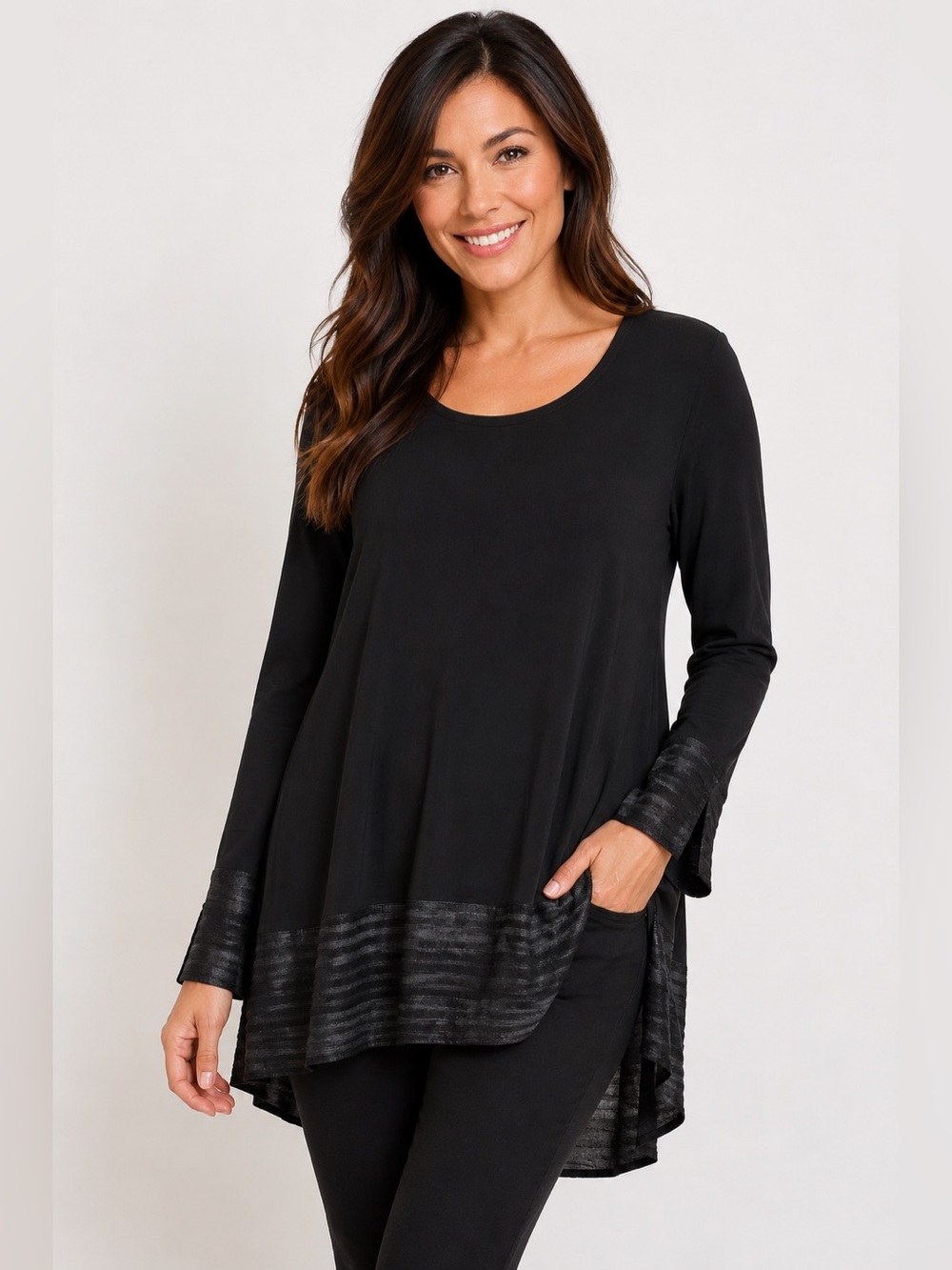 Michael Tyler Black Sheer Hem Tunic Top Women’s Small Long Sleeve Stretchy